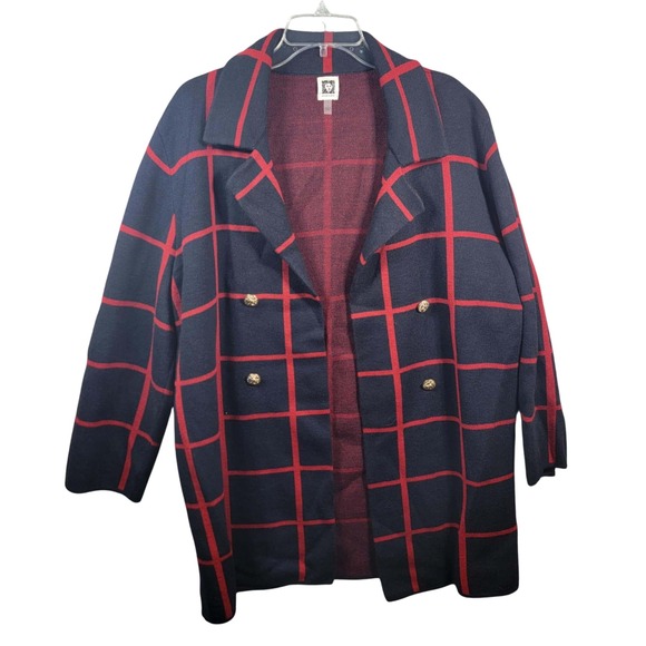 Anne Klein - Plaid Knit Cardigan Sweater Jacket - Red Black Womens‎ Large - Picture 1 of 6